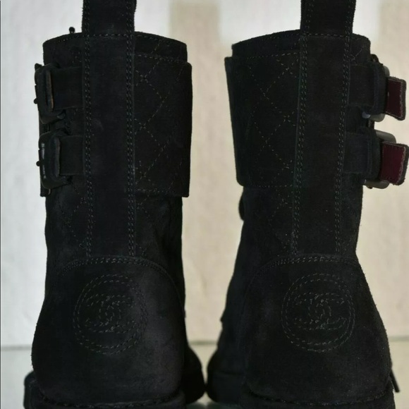 Chanel Paris 14B Blk suede moto quilt combat ankle boots black high top laces - Picture 12 of 12